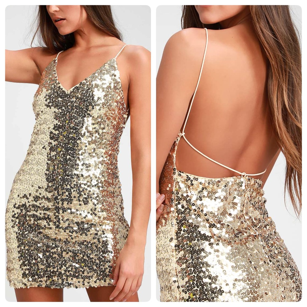 Lulus Sz XS Gold Sequin Force Of Fashion Backless Mini Dress Party